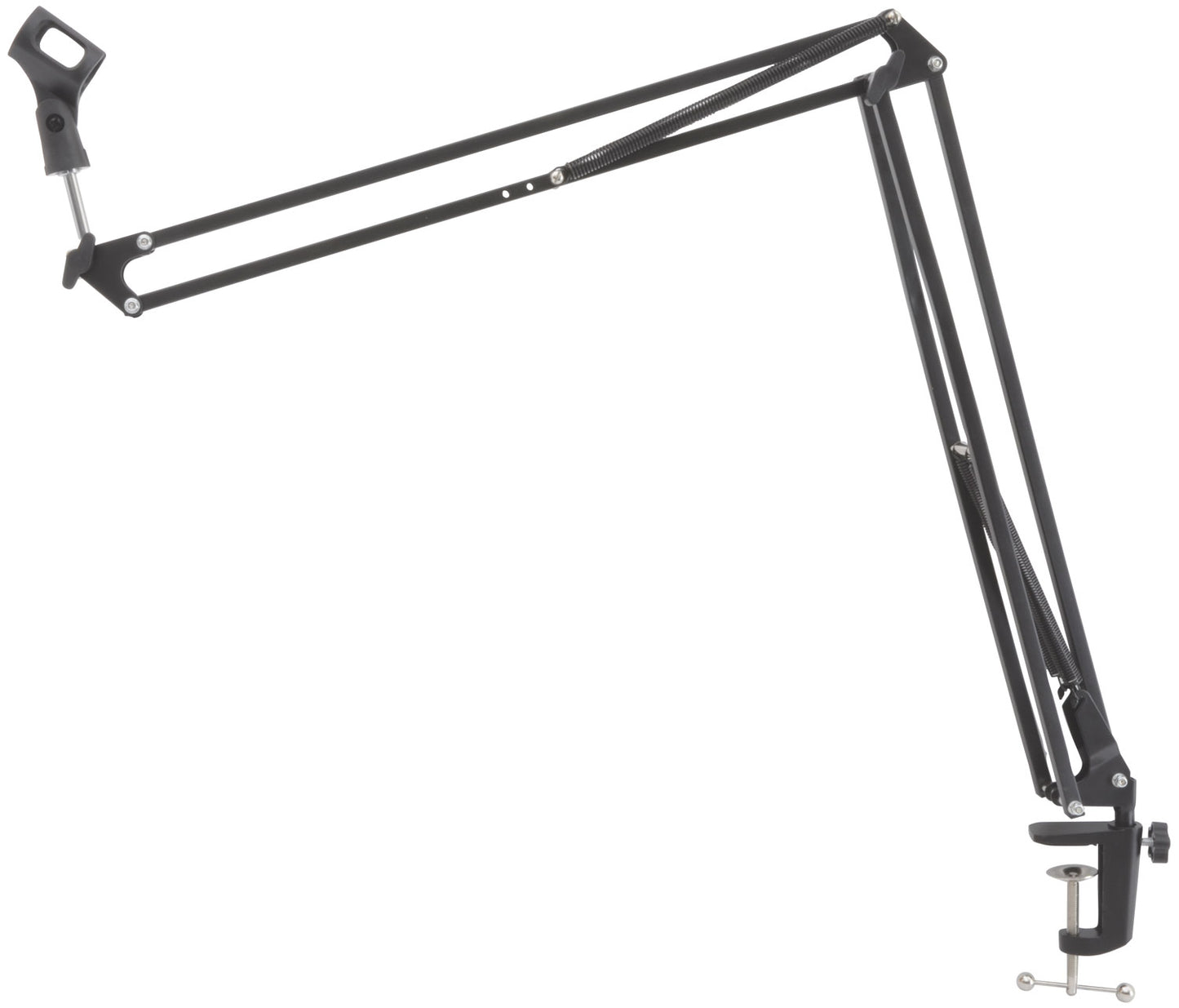 Black adjustable microphone stand on a white background