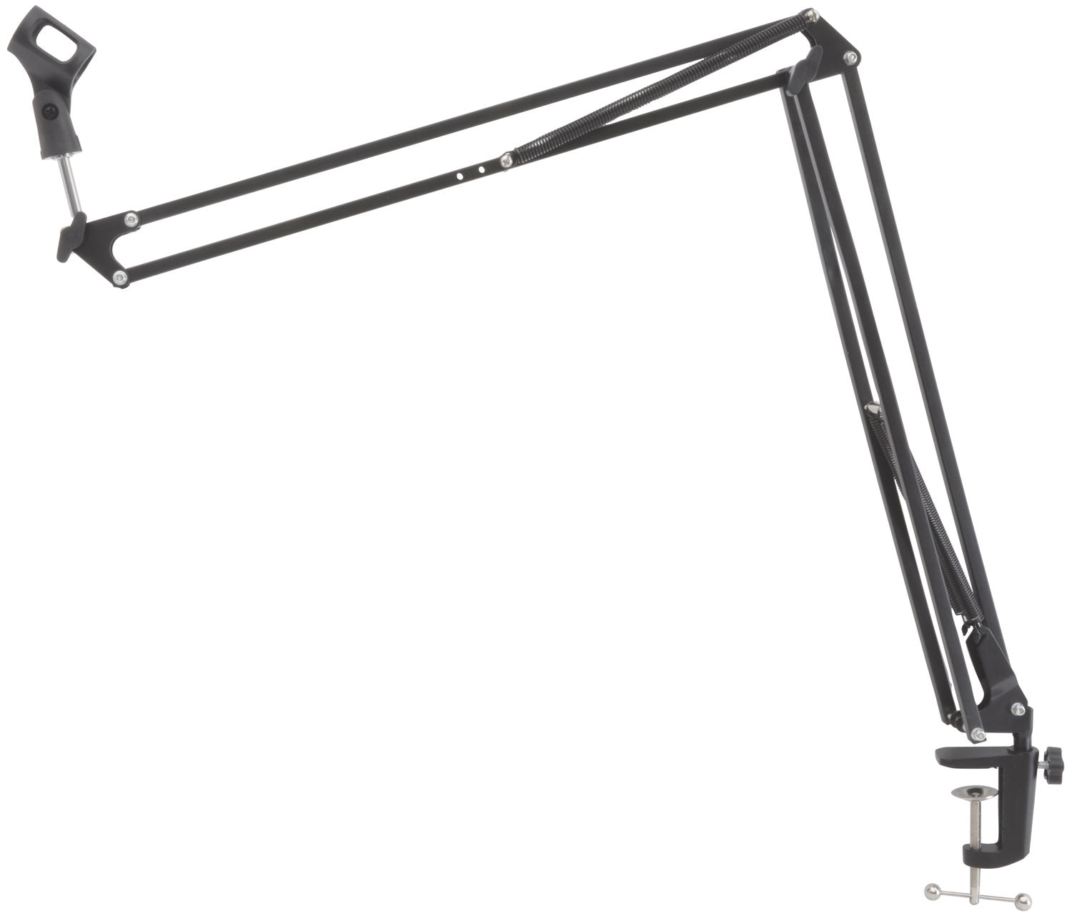 Black adjustable microphone stand on a white background
