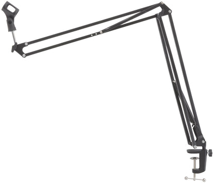 Black adjustable microphone stand on a white background
