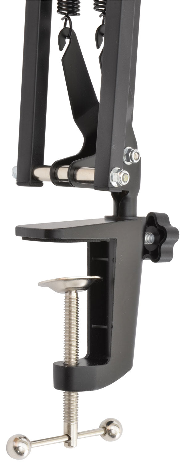 Black metal clamp with adjustable arm on a white background