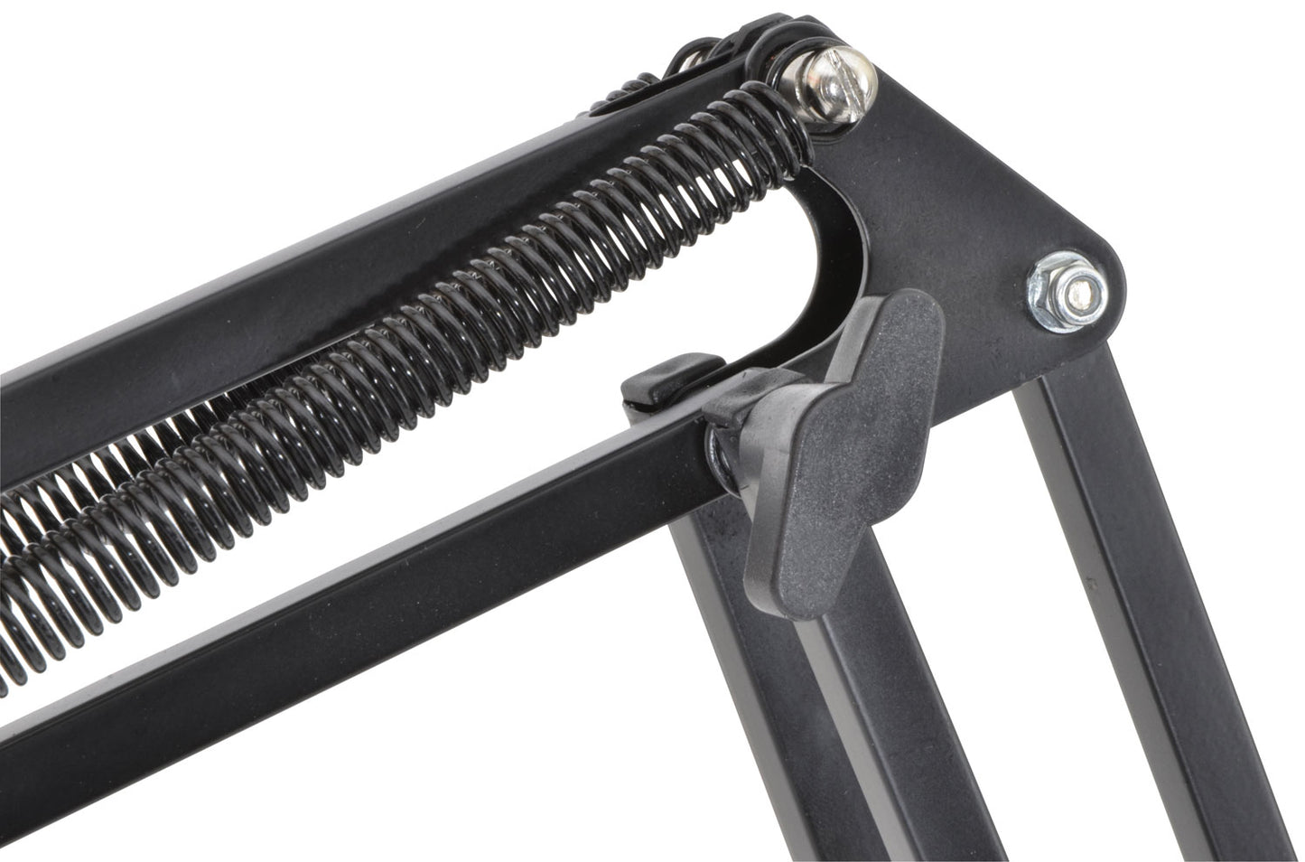 Close-up of a black metal spring mechanism on a white background