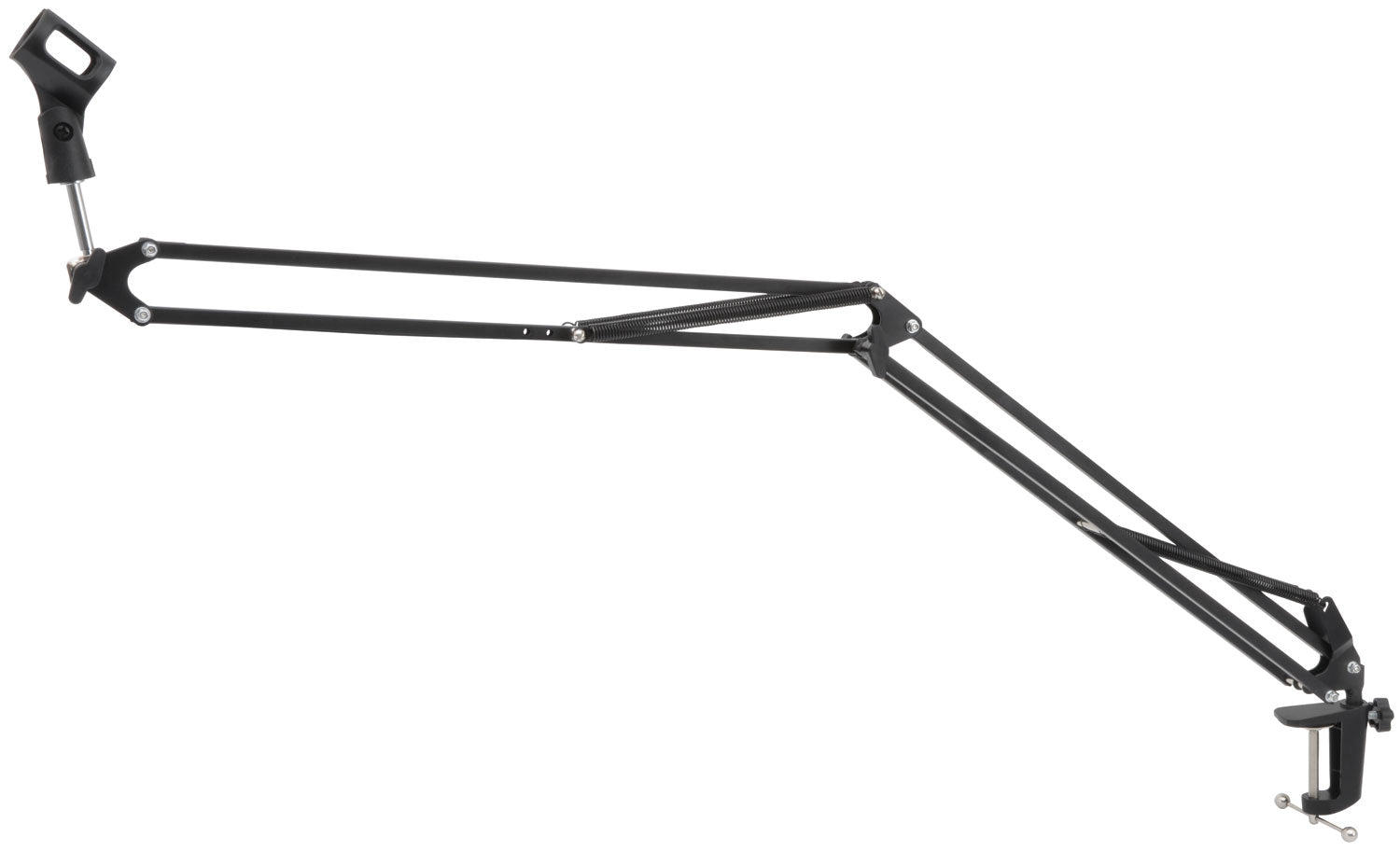 Black adjustable camera or microphone boom arm on a white background