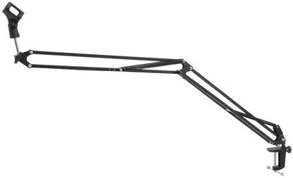 Black adjustable camera or microphone boom arm on a white background