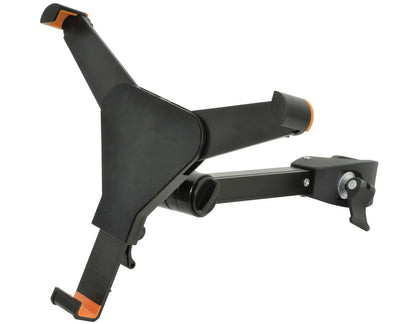 Black metal large bracket with orange accents on a white background