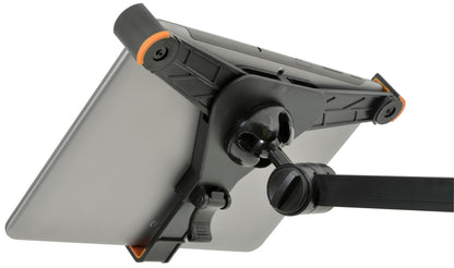 Back view of the tablet holder with black straps on a white background