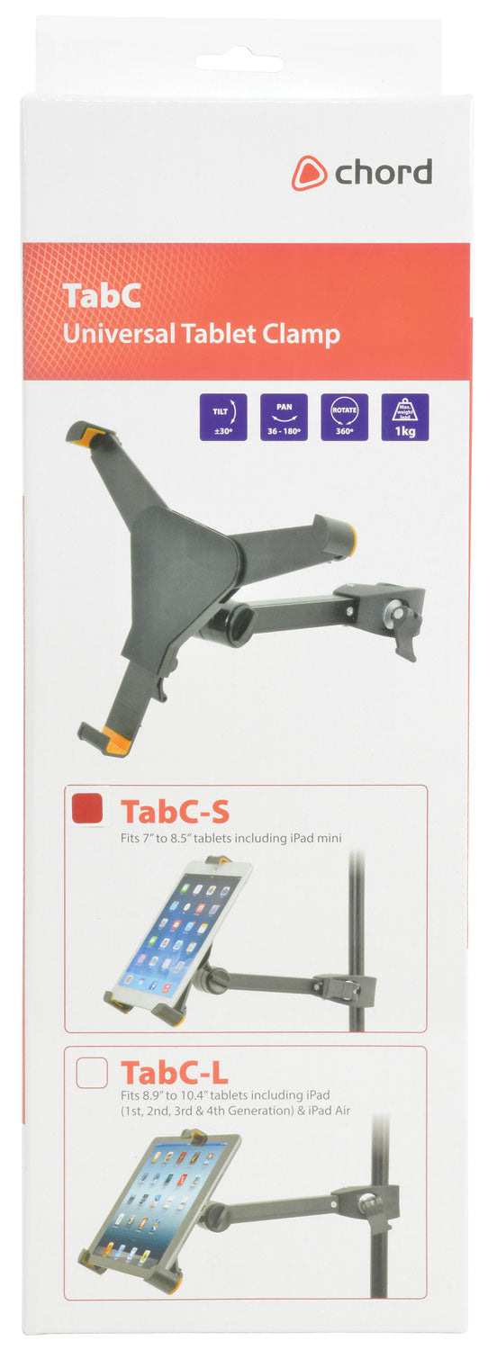 Chord TabC universal tablet clamp packaging with product illustration and branding.