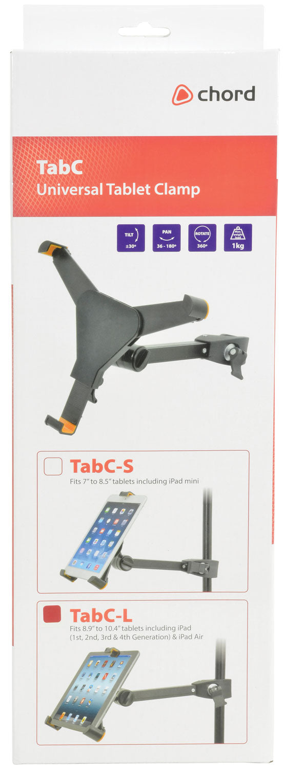 Chord TabC universal tablet clamp packaging with product illustration and branding.