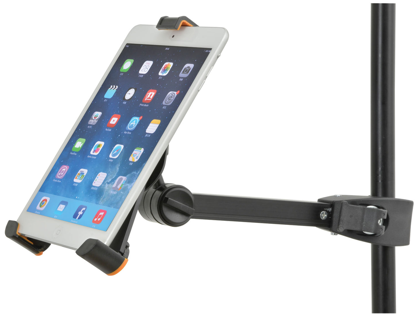 Tablet mounted on a stand with a white background