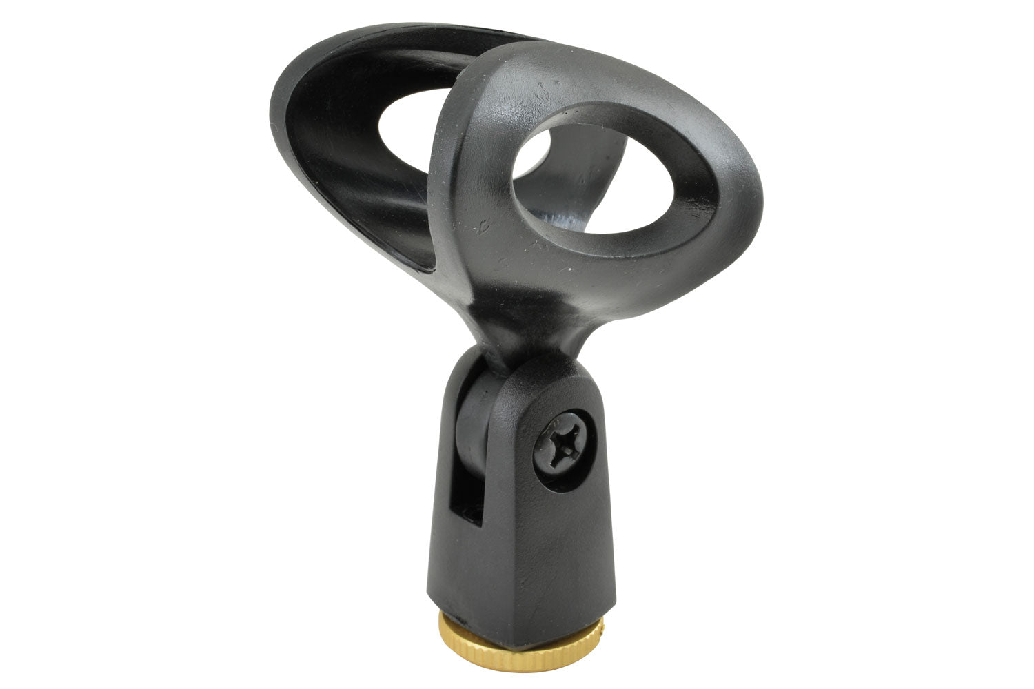 Black microphone clip with brass microphone stand adapter on a white background