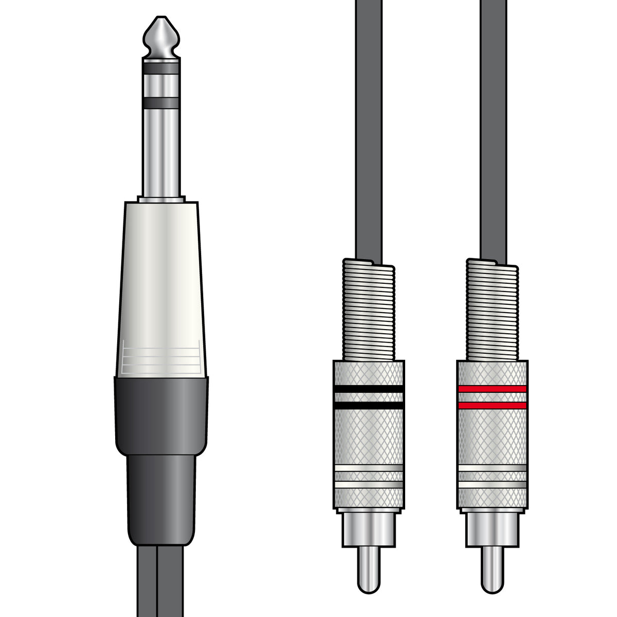 A detailed drawing of the audio cable/led with jack mono plug to two RCA male connectors on a white background.
