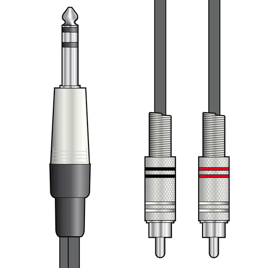 A detailed drawing of the audio cable/led with jack mono plug to two RCA male connectors on a white background.