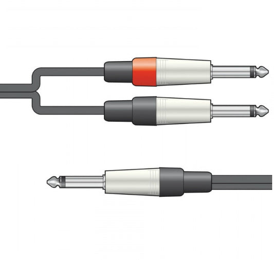 Audio cable one mono 6.5 Jack to two 6.5 mono jack on white background 