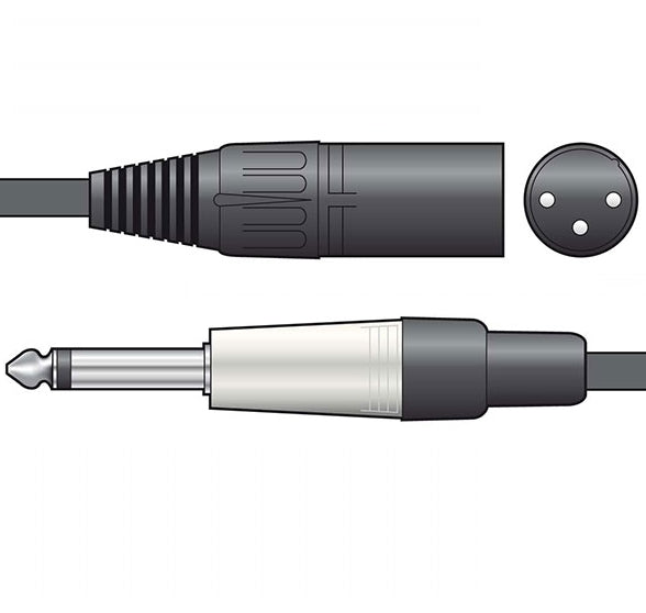 Illustration of audio connectors jack on one side and xlr on the other, on a white background