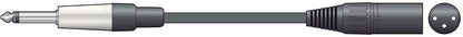 Black audio cable with plug and socket on a white background