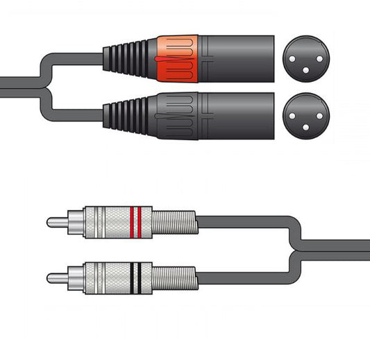 Audio cable with two XLR to two RCA connectors on a white background
