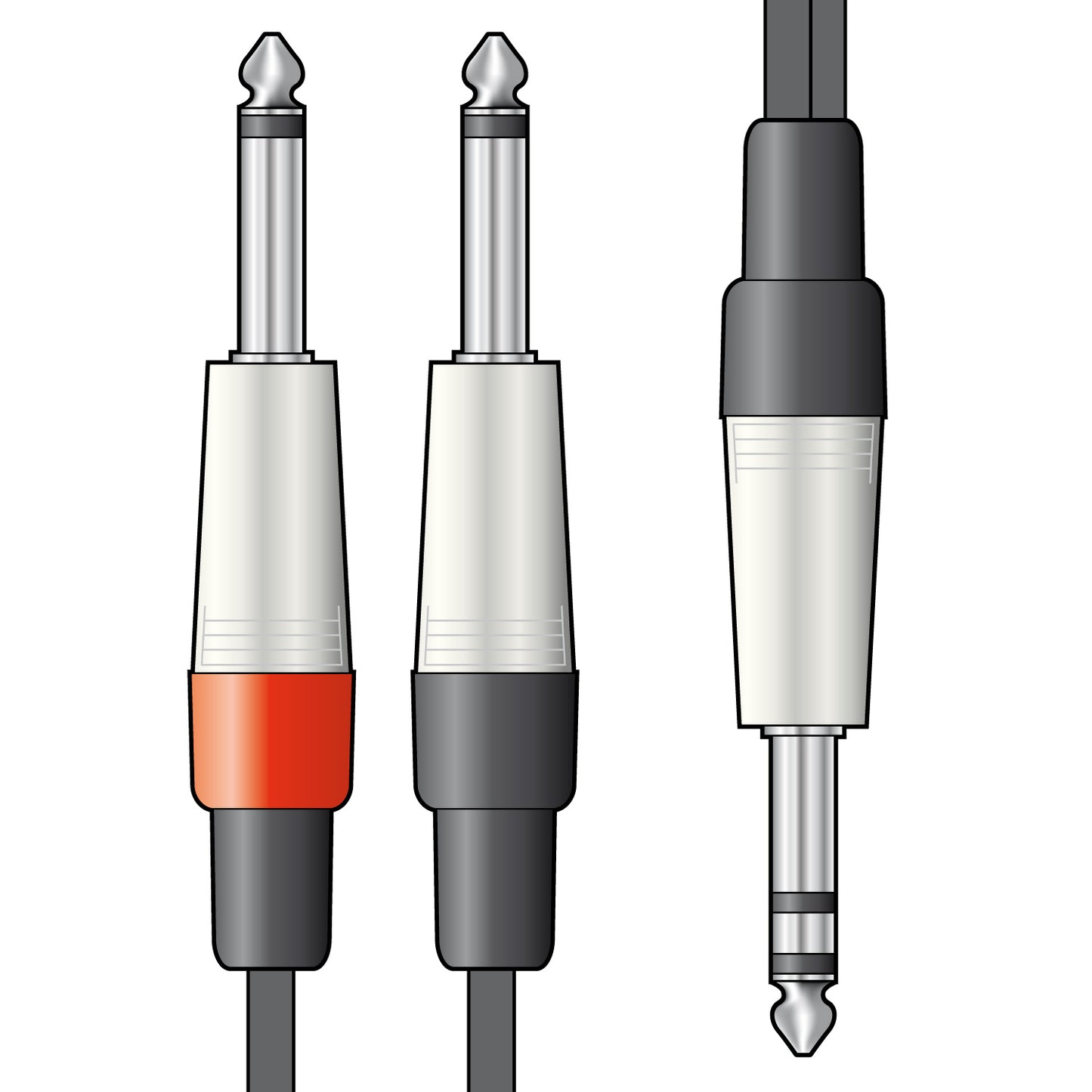 A lead with two mono jack on one side and one stereo jack to the other on a white background