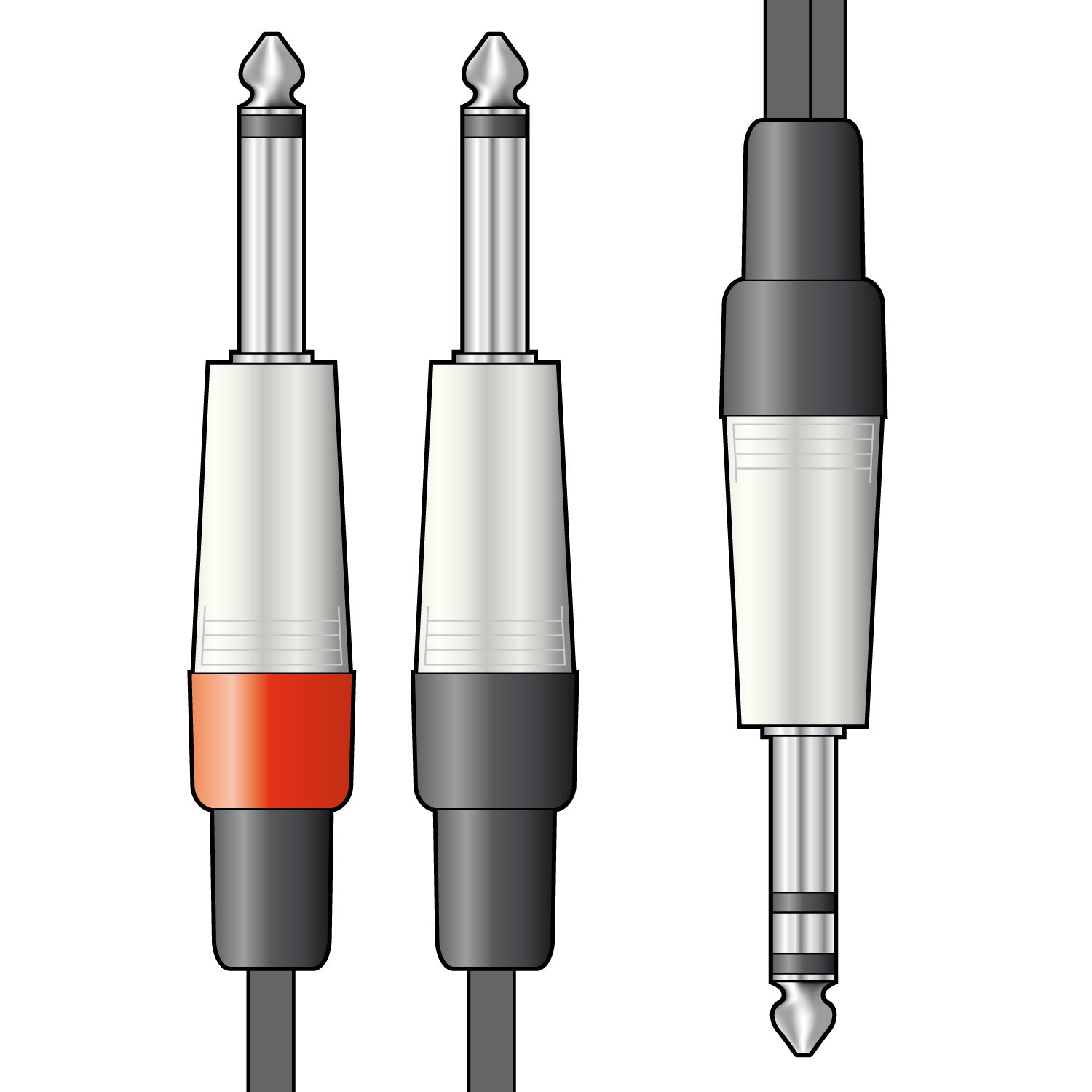 A lead with two mono jack on one side and one stereo jack to the other on a white background