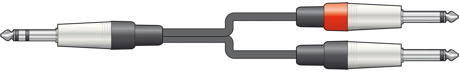 A lead with two mono jack on one side and one stereo jack to the other on a white background
