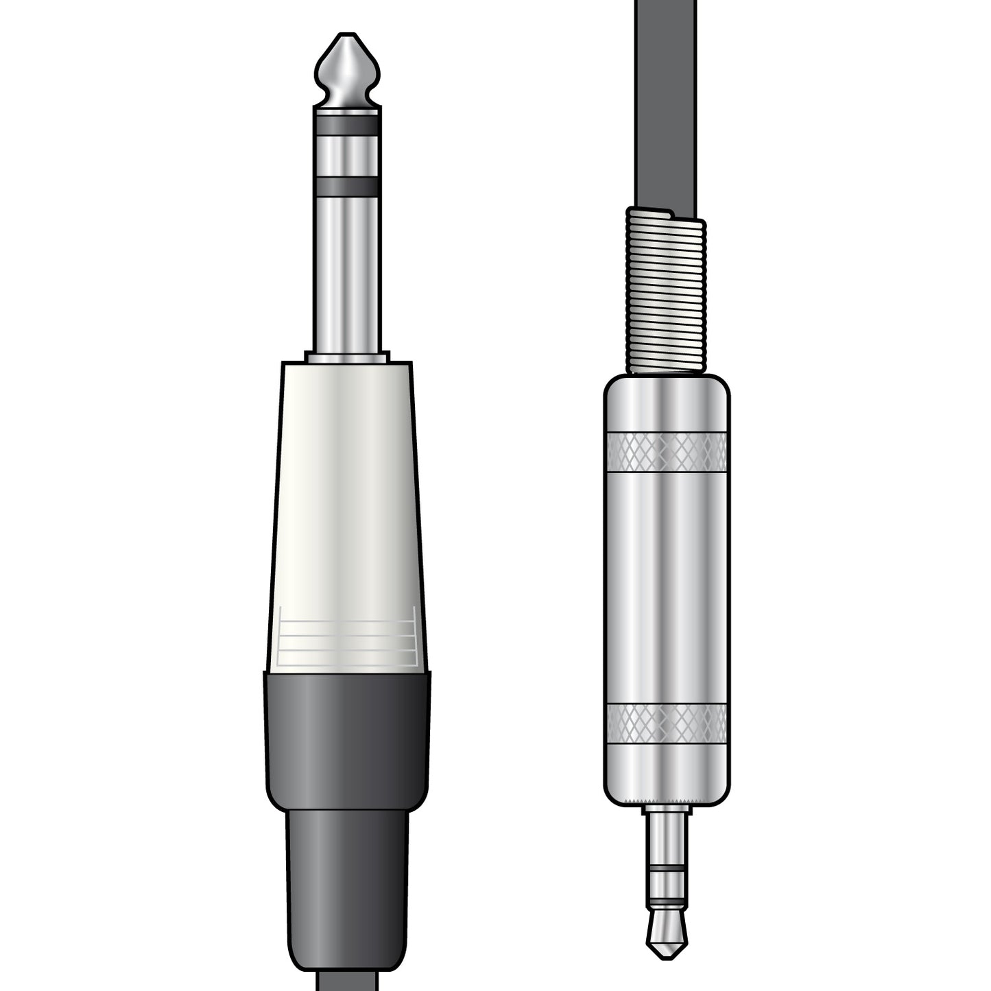 Illustration of a 3.5mm audio plug and a 6.35mm audio plug on a white background