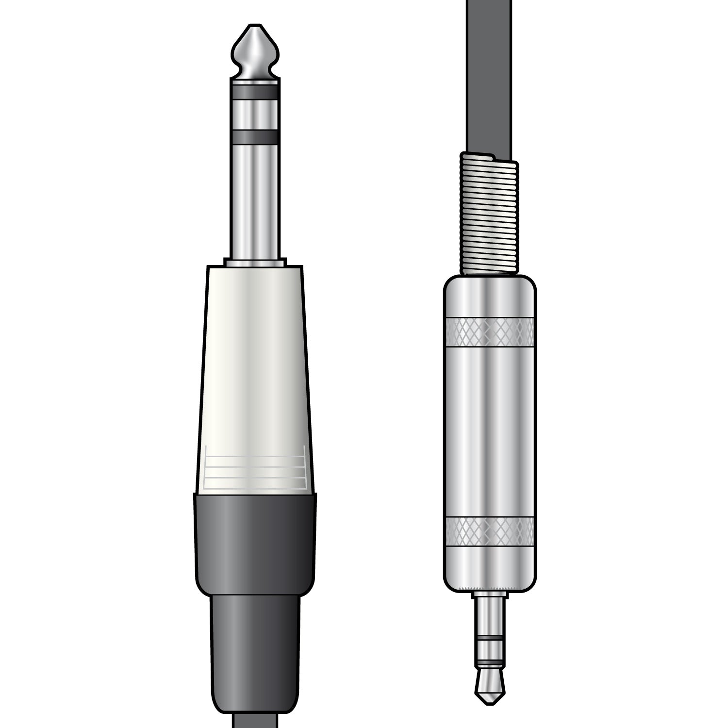 Illustration of a 3.5mm audio plug and a 6.35mm audio plug on a white background