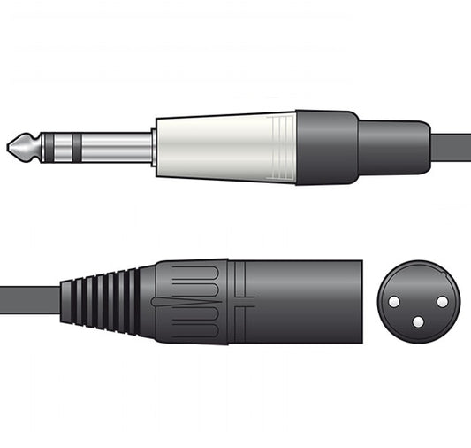 Illustration of a audio cable with 6.5 mm stereo jack  to XLR connectors on a white background.