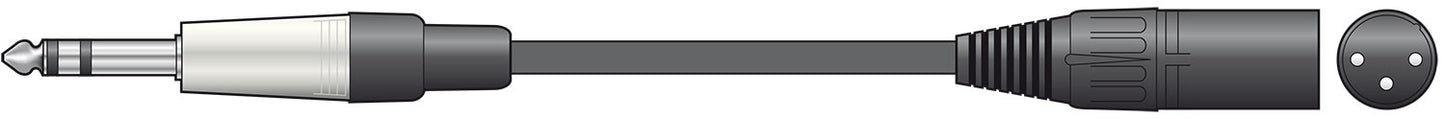 Illustration of a audio cable with 6.5 mm stereo jack  to XLR connectors on a white background.