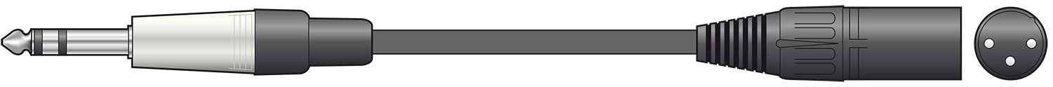 Illustration of a audio cable with 6.5 mm stereo jack  to XLR connectors on a white background.