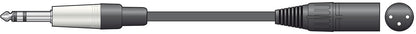 Illustration of a audio cable with 6.5 mm stereo jack  to XLR connectors on a white background.