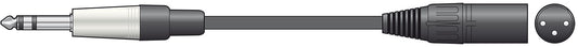 Illustration of a audio cable with 6.5 mm stereo jack  to XLR connectors on a white background.