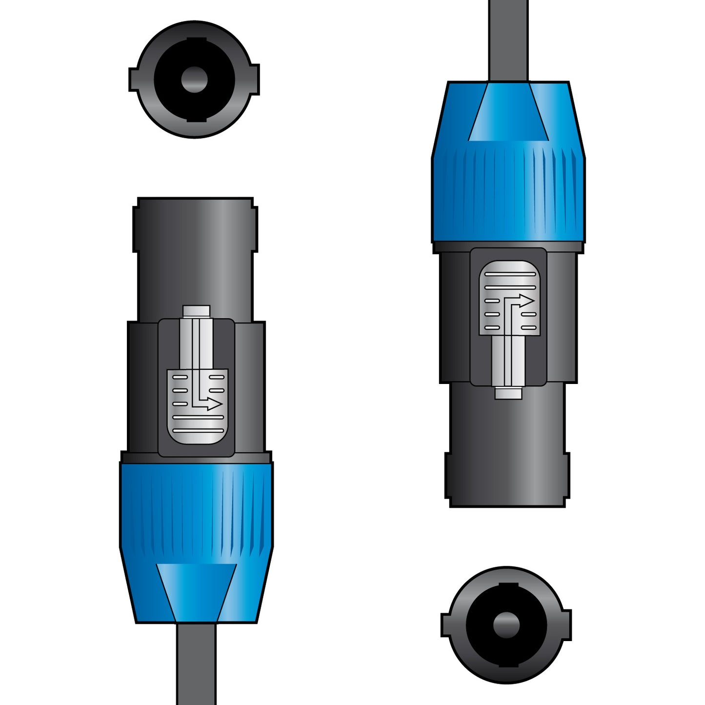 and illustrations of the speak-on to speak-on connectors, with blue and black colours on a white background