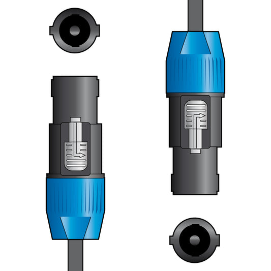 and illustrations of the speak-on to speak-on connectors, with blue and black colours on a white background