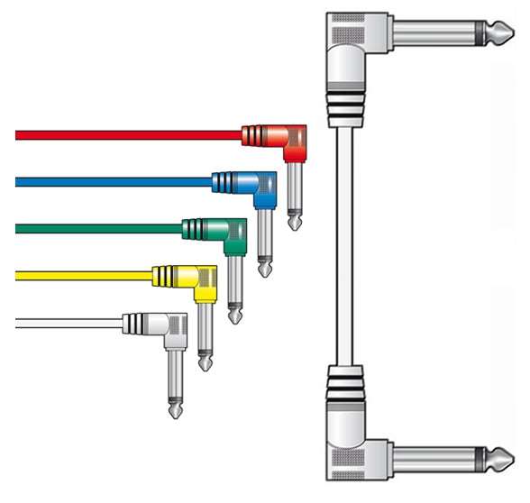 Coloured guitar patch lead on a white background