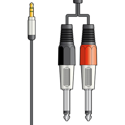 Illustration of a cable with a stereo 3.5 jack plug and two 6.5 mono jacks on a white background