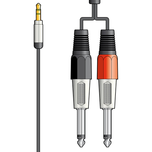 Illustration of a cable with a stereo 3.5 jack plug and two 6.5 mono jacks on a white background