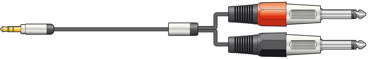Illustration of a cable with a stereo 3.5 jack plug and two 6.5 mono jacks on a white background