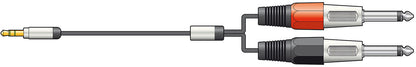 Illustration of a cable with a stereo 3.5 jack plug and two 6.5 mono jacks on a white background