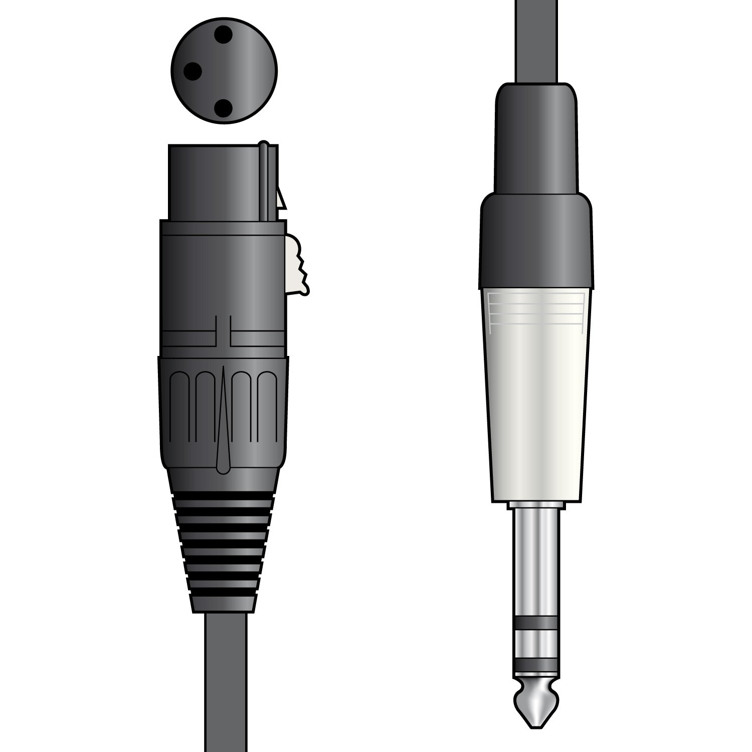 Audio cable with XLR male connector and 6.35mm plug on a white background