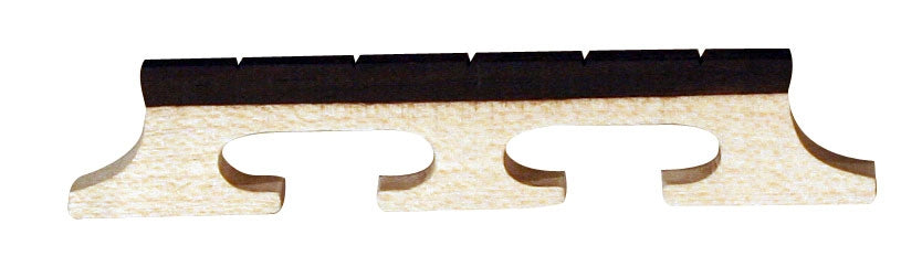 Wooden banjo bridge - two type of wood : a light wood on the base and dark wood at the edge where the grooves of the strings are - on a white background