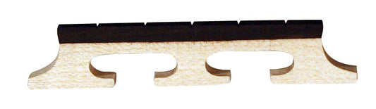 Wooden banjo bridge - two type of wood : a light wood on the base and dark wood at the edge where the grooves of the strings are - on a white background