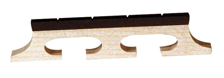 Wooden banjo bridge - two type of wood : a light wood on the base and dark wood at the edge where the grooves of the strings are - on a white background
