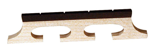 Wooden banjo bridge - two type of wood : a light wood on the base and dark wood at the edge where the grooves of the strings are - on a white background
