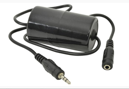 Black audio adapter with 3.5mm plug on a white background