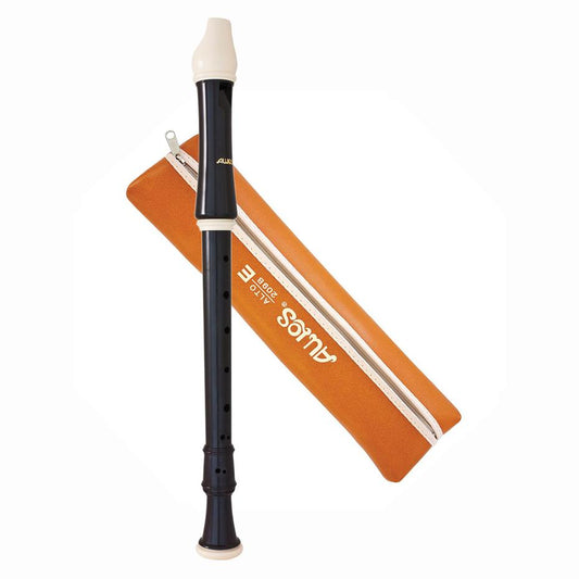Black recorder with orange case on a white background