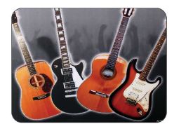 A mouse mat with the image of four guitars of different types on a dark background
