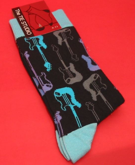 Guitar-patterned socks with a red background