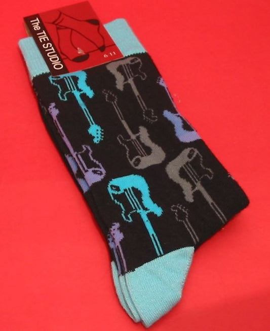 Guitar-patterned socks with a red background