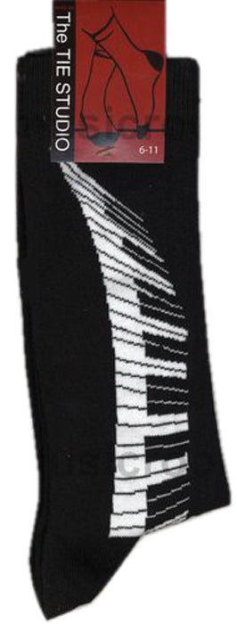 Black sock with white keyboard pattern and 'The Tie Studio' packaging on a white background