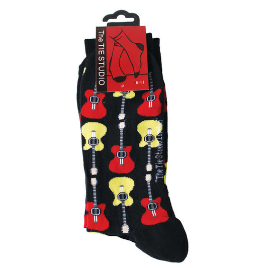 Black socks with red, yellow, and white guitar pattern on a white background
