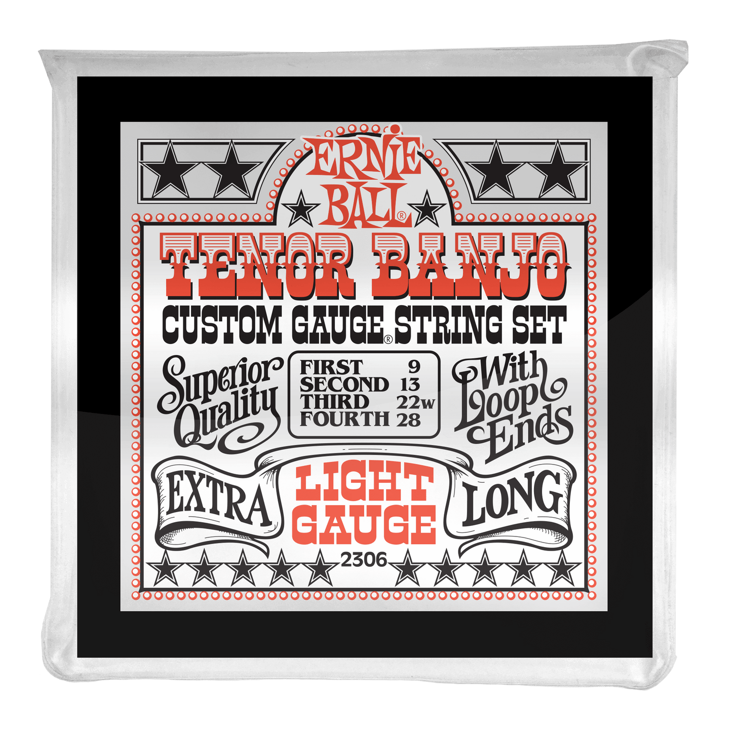 Ernie Ball tenor banjo string set packaging on a black background