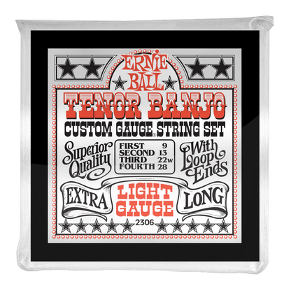 Ernie Ball tenor banjo string set packaging on a black background